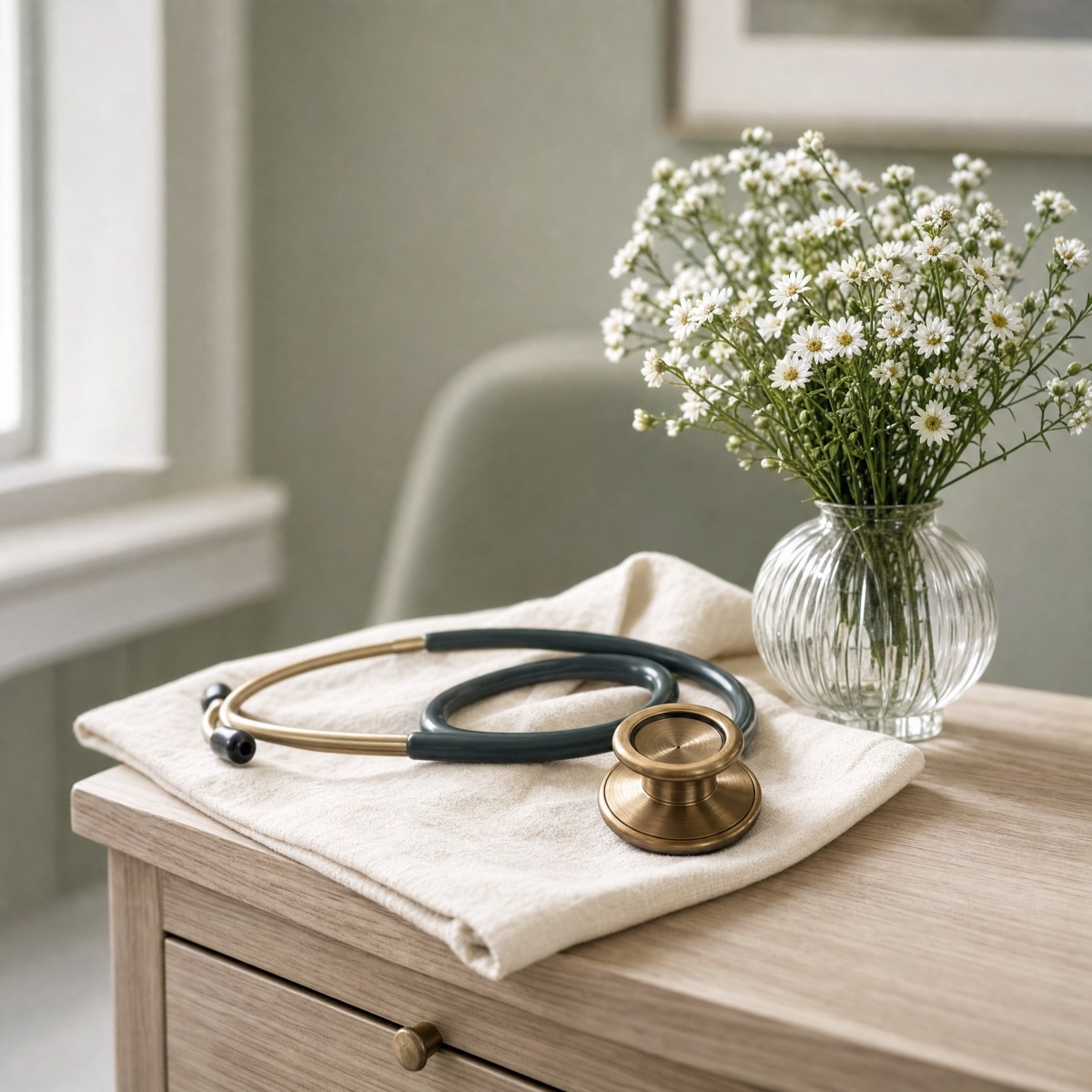 A brass stethoscope resting on folded cream linen beside a vase of white asters