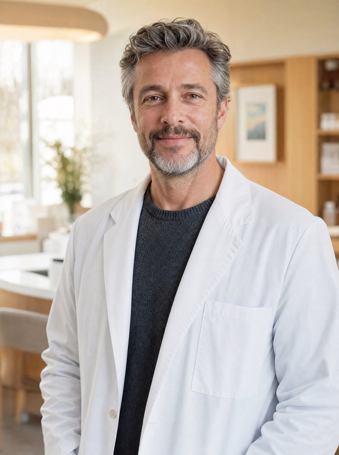 Dr. Elias Boone, wearing a white coat over a charcoal sweater, smiling warmly in the clinic