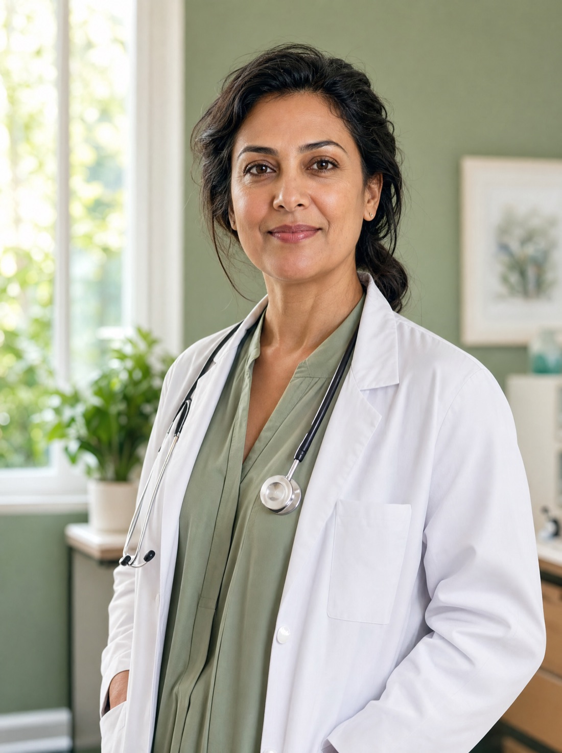 Dr. Maya Rowan, wearing a white coat over a sage-green blouse, smiling in the sunlit clinic